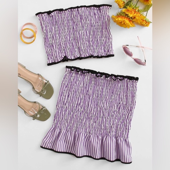 Two piece Purple and White Smocked Skirt and Top Set - Picture 2 of 3